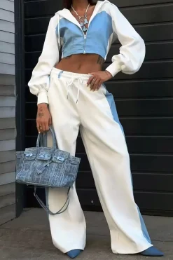 MICAS Pant Sets-Color Block Denim Patchwork Hooded Zipper Jacket And Trousers Set