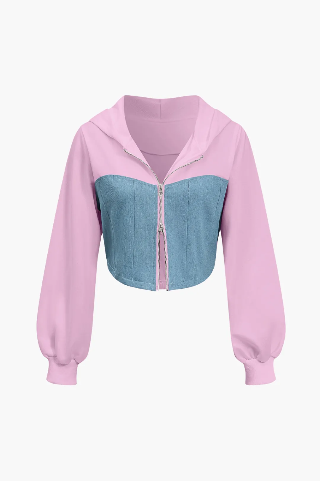 MICAS Pant Sets-Color Block Denim Patchwork Hooded Zipper Jacket And Trousers Set