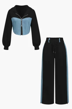 MICAS Pant Sets-Color Block Denim Patchwork Hooded Zipper Jacket And Trousers Set