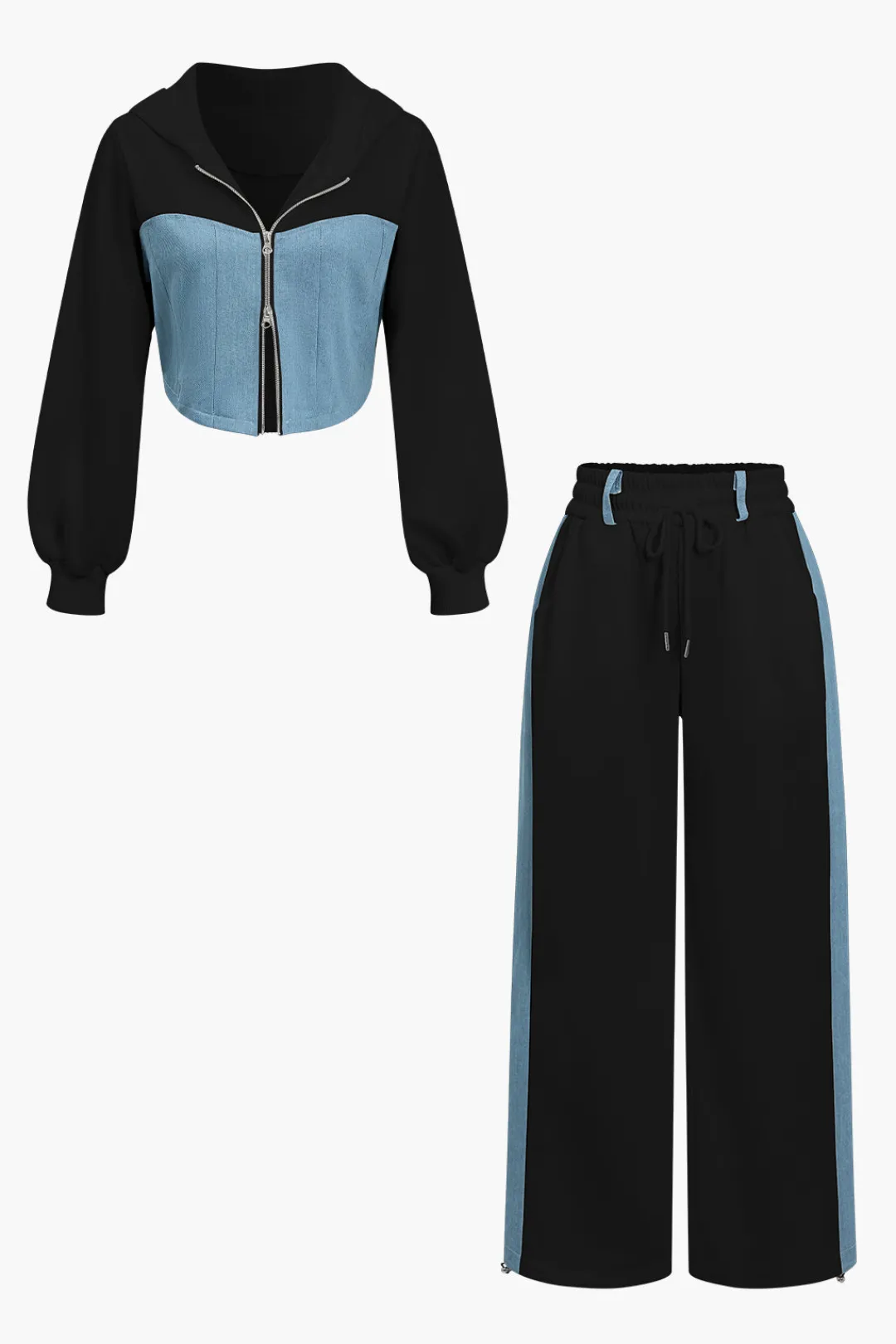 MICAS Pant Sets-Color Block Denim Patchwork Hooded Zipper Jacket And Trousers Set