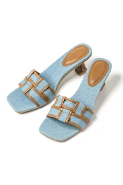 MICAS Shoes|Shoes-Color Block Faux Leather Denim Contrast Binding Asymmetrical Open Toe Mid Heel Sandals CHOCOLATE