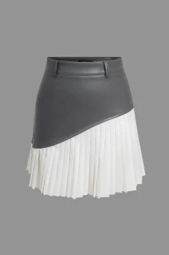 MICAS Skirts-Color Block Faux Leather Pleated Asymmetrical Skirt GRAY