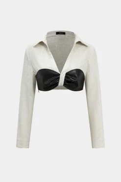 MICAS Long Sleeve Tops|Long Sleeves Tops-Color Block Faux Leather Linen Ruched Long-Sleeve Shirt BEIGE