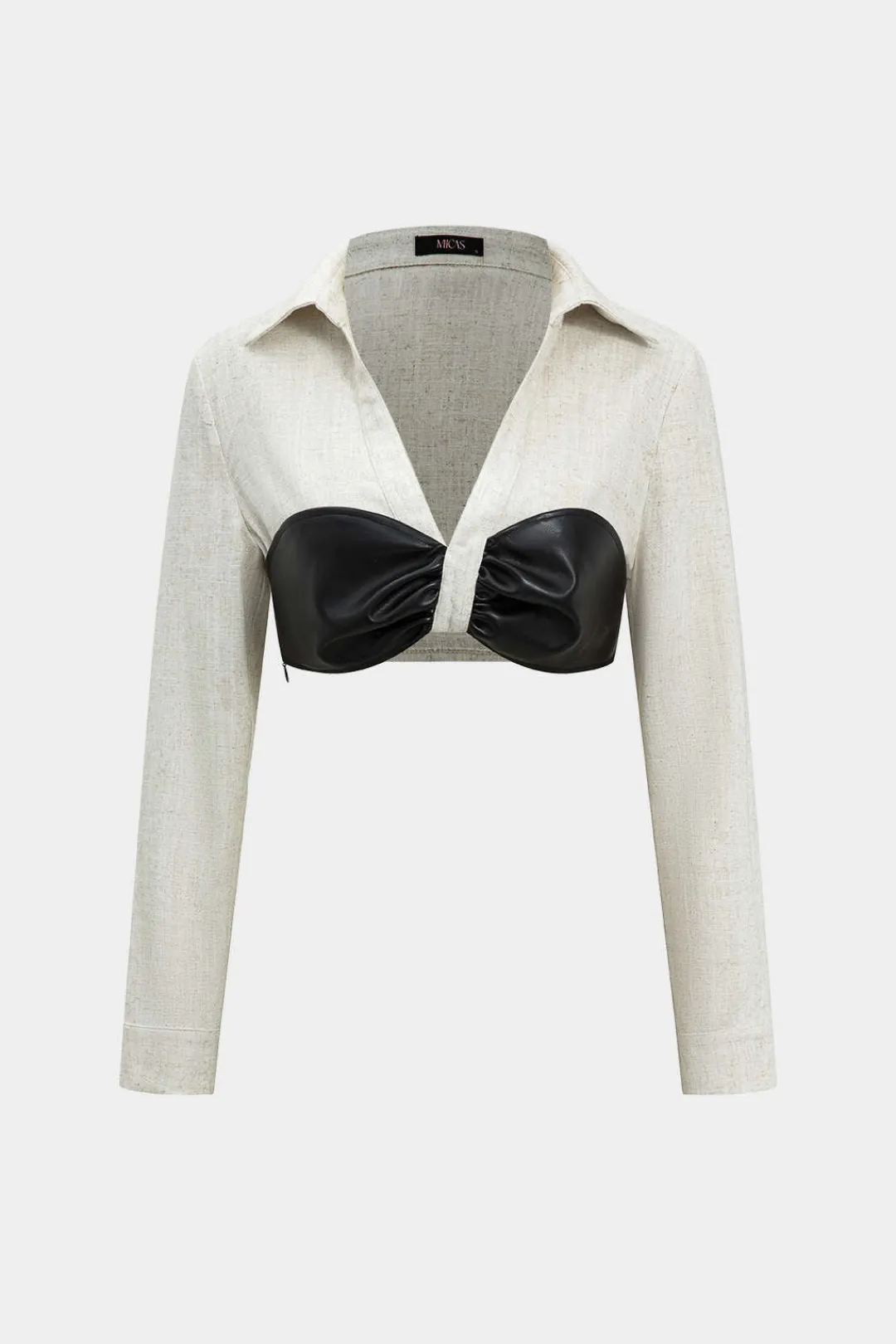 MICAS Long Sleeve Tops|Long Sleeves Tops-Color Block Faux Leather Linen Ruched Long-Sleeve Shirt BEIGE