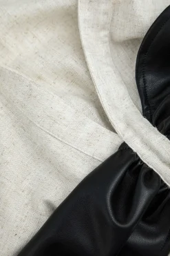 MICAS Long Sleeve Tops|Long Sleeves Tops-Color Block Faux Leather Linen Ruched Long-Sleeve Shirt BEIGE