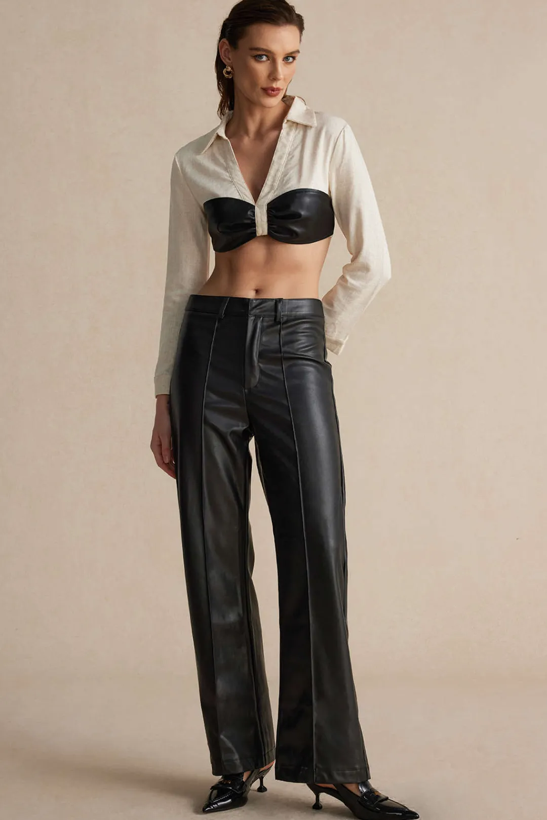 MICAS Long Sleeve Tops|Long Sleeves Tops-Color Block Faux Leather Linen Ruched Long-Sleeve Shirt BEIGE