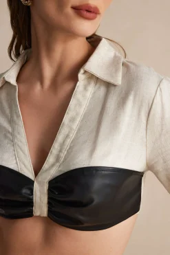 MICAS Long Sleeve Tops|Long Sleeves Tops-Color Block Faux Leather Linen Ruched Long-Sleeve Shirt BEIGE