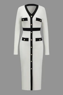 MICAS Long Sleeve Dresses|Knitwear-Color Block Knit Button Long-Sleeve Dress WHITE