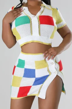 MICAS Skirt Sets-Color Block Knit Top and Split Mini Skirt Set MULTICOLOR
