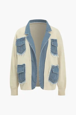MICAS Outerwear|Outerwear-Color Block Patchwork Denim Sweater Cardigan BEIGE
