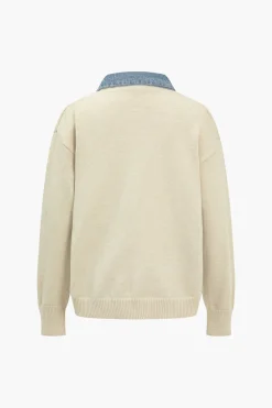 MICAS Outerwear|Outerwear-Color Block Patchwork Denim Sweater Cardigan BEIGE