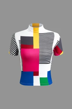 MICAS T-Shirts-Color Block Patchwork Mock Neck T-shirt MULTICOLOR