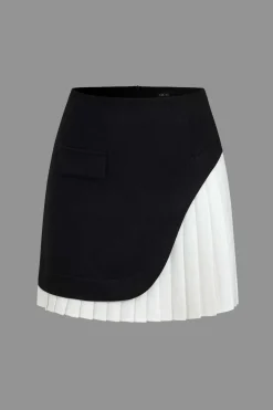 MICAS Skirts-Color Block Pleated Asymmetrical Skirt BLACK