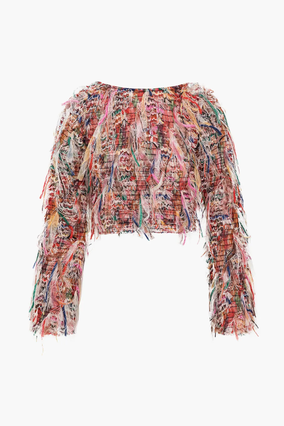 MICAS Long Sleeve Tops|Long Sleeves Tops-Color Block Print Fringe Long-Sleeve Shirt BEIGE