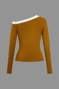 MICAS Knit Tops-Color Block Print Knit Asymmetrical Long-Sleeve Top Contrast Color