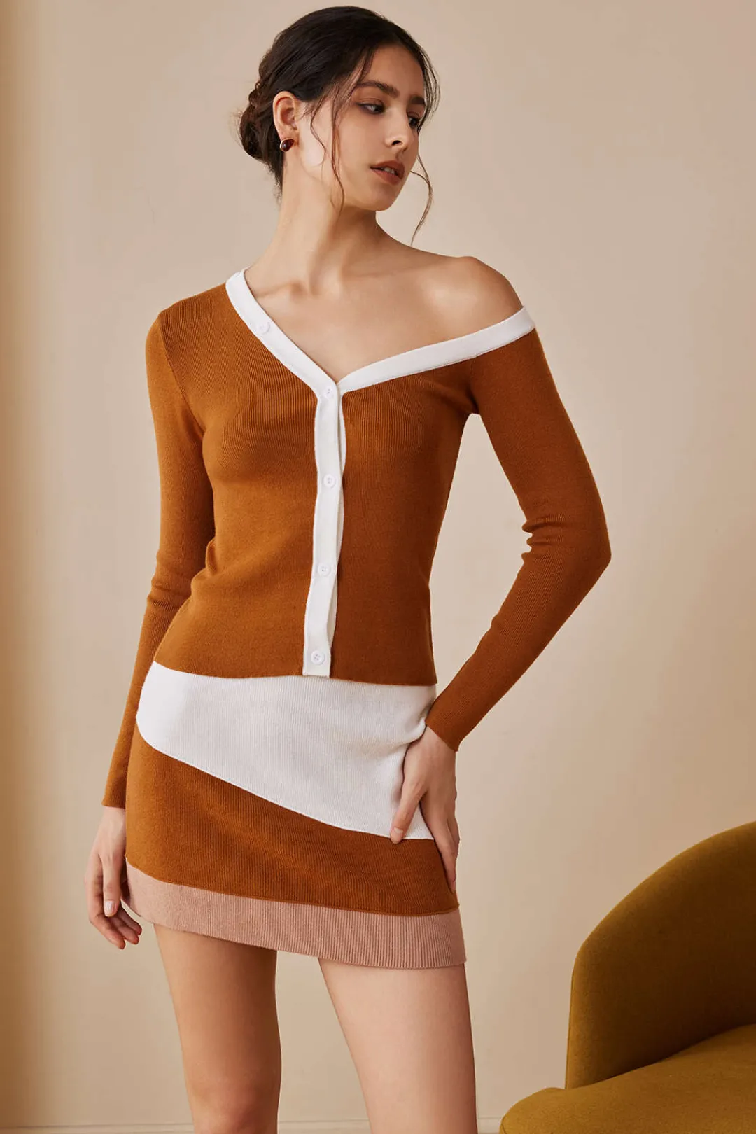 MICAS Knit Tops-Color Block Print Knit Asymmetrical Long-Sleeve Top Contrast Color