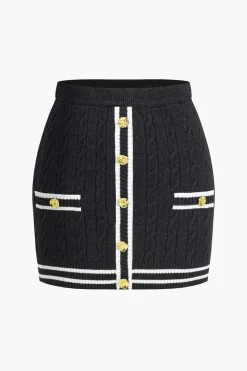 MICAS Knitwear|Knit Bottoms-Color Block Print Knit Button Skirt
