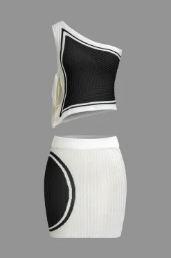 MICAS Knitwear|Vacation Sets-Color Block Print Knit Tie Side Asymmetrical Mini Skirt Set