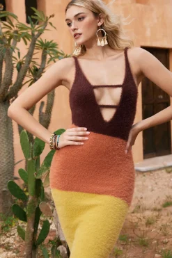 MICAS Knit Dresses-Color Block Print Sweater Cut Out Sweater Dress Contrast Color