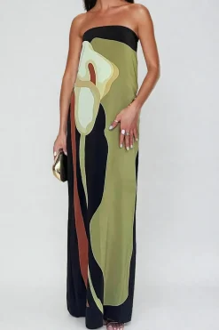 MICAS Maxi Dresses-Color Block Strapless Slit Maxi Dress