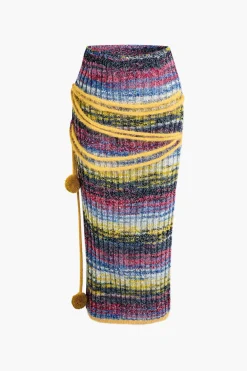 MICAS Skirts-Color Block Sweater Fringe Trim Skirt MULTICOLOR