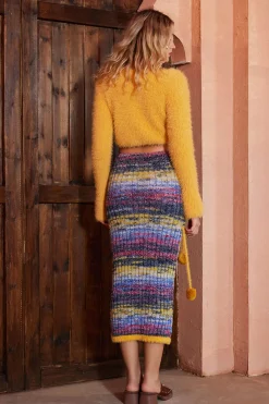 MICAS Skirts-Color Block Sweater Fringe Trim Skirt MULTICOLOR