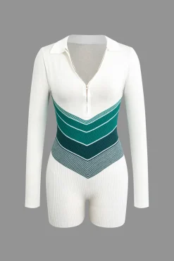 MICAS Jumpsuits & Rompers-Color Block Zipper Long Sleeve Romper OPTICAL WHITE