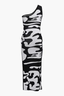 MICAS Knitwear|Knit Dresses-Colorblock One Shoulder Slit Knit Dress