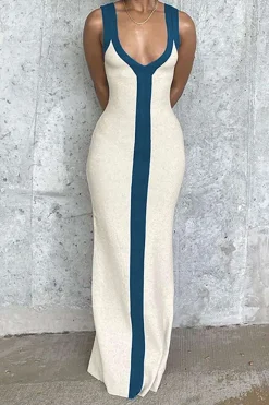 MICAS Maxi Dresses-Colorblock V-neck Ribbed Split Maxi Dress