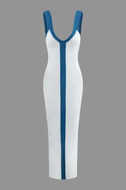 MICAS Maxi Dresses-Colorblock V-neck Ribbed Split Maxi Dress