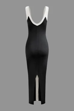 MICAS Maxi Dresses-Colorblock V-neck Ribbed Split Maxi Dress