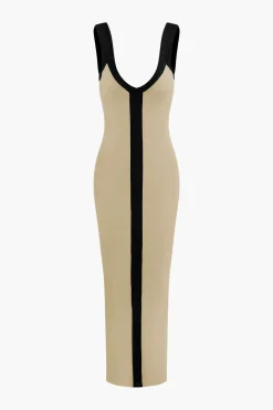 MICAS Maxi Dresses-Colorblock V-neck Ribbed Split Maxi Dress