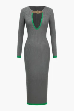 MICAS Knit Dresses-Contrast Cut Out Knit Dress DARK GRAY