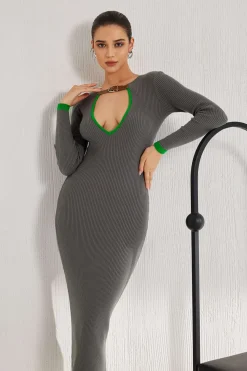 MICAS Knit Dresses-Contrast Cut Out Knit Dress DARK GRAY