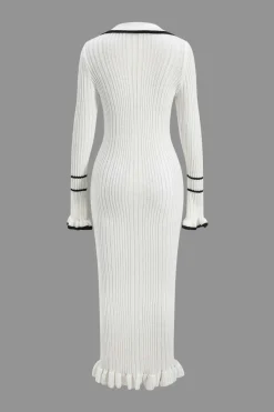MICAS Knitwear|Knit Dresses-Contrast Bell Sleeve Knit Midi Dress IVORY