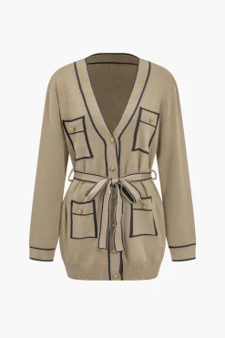 MICAS Knitwear|Knit Sets-Contrast Binding Knit Top And Pants Set KHAKI