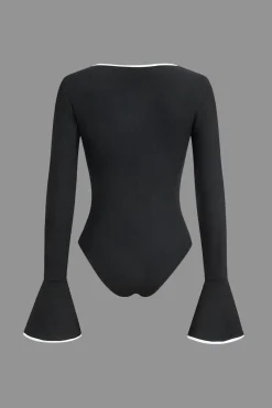 MICAS Bodysuits-Contrast Binding Long Sleeve Bell Sleeve Bodysuit BLACK