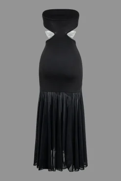 MICAS Maxi Dresses-Contrast Bowtie Cut Out Strapless Ruched Maxi Dress BLACK