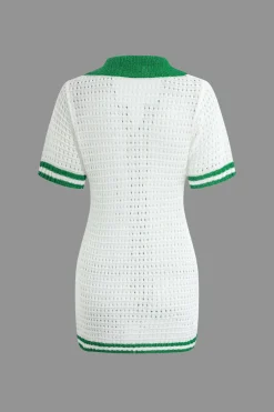 MICAS Knit Dresses-Contrast Button Up Short Sleeve Cardigan Hollow Out Knit Mini Dress Contrast Color