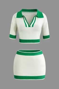 MICAS Vacation Sets|Knit Sets-Contrast Collar Crop Knit Top And Mini Skirt Set