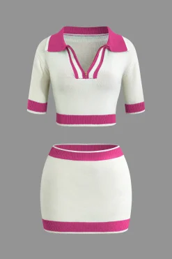 MICAS Vacation Sets|Knit Sets-Contrast Collar Crop Knit Top And Mini Skirt Set