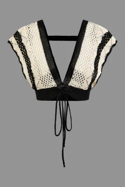 MICAS Knit Sets-Contrast Crochet V-Neck Knit Shorts Set