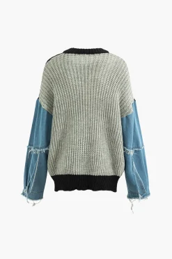 MICAS Knitwear|Knit Tops-Contrast Denim Stitching Round Neck Sweater