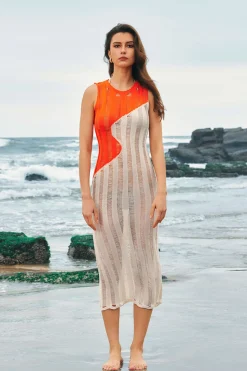 MICAS Knitwear|Knit Dresses-Contrast Distressed Ladder Knit Dress ORANGE