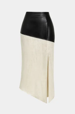 MICAS Skirts-Contrast Faux Leather And Linen Slit Asymmetrical Skirt