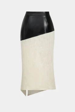 MICAS Skirts-Contrast Faux Leather And Linen Slit Asymmetrical Skirt