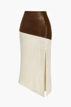 MICAS Skirts-Contrast Faux Leather And Linen Slit Asymmetrical Skirt