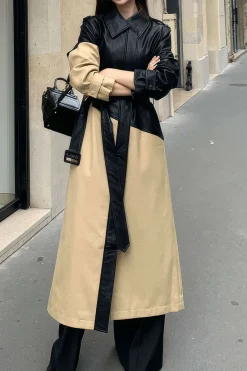 MICAS Outerwear|Outerwear-Contrast Faux Leather Patchwork Pocket Belted Coat TAN