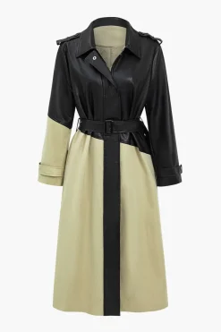 MICAS Outerwear|Outerwear-Contrast Faux Leather Patchwork Pocket Belted Coat TAN