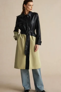 MICAS Outerwear|Outerwear-Contrast Faux Leather Patchwork Pocket Belted Coat TAN